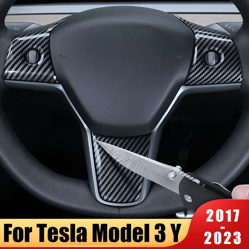 

For Tesla Model 3 Y 2017-2021 2022 2023 Accessories Interior Carbon Fiber Car Steering Wheel Buttons Frame Sticker Cover Trim