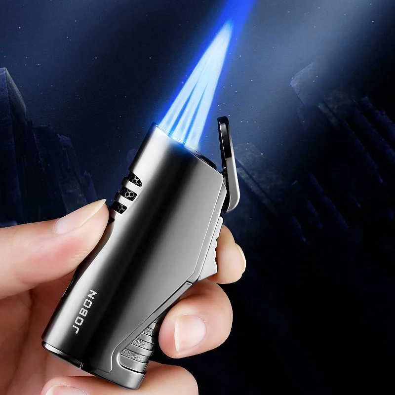 JOBON Butane Gas Lighter Smoking Windproof Torch Inflatable Jet 3 Flame Unusual Gift For Men Metal Turbo Cigarette Cigar Drill