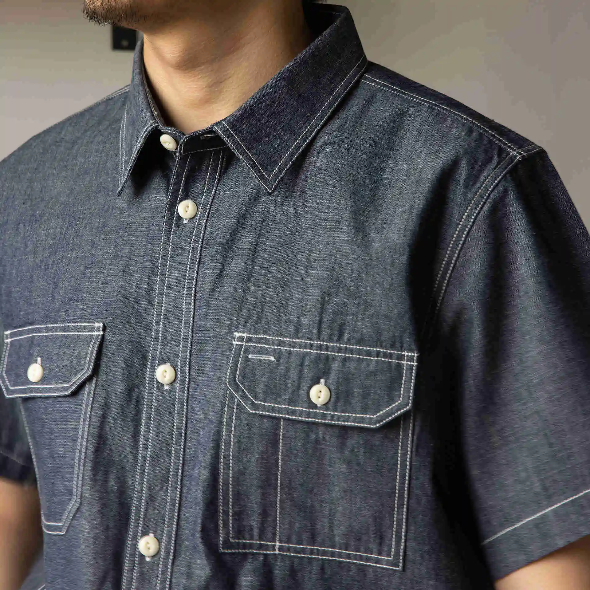 ST-0049 Big US Size Genuine Super Quality Vintage Stylish Durable Loose Fitting Mans Cotton 8oz Denim Shirt