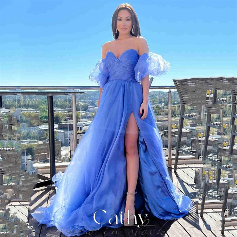 

Cathy Organza فساتين السهرة Princess Ball Gown Vestidos De Noche Blue Side Split Prom Gown Puffy Sleeve Prom Dress 2023