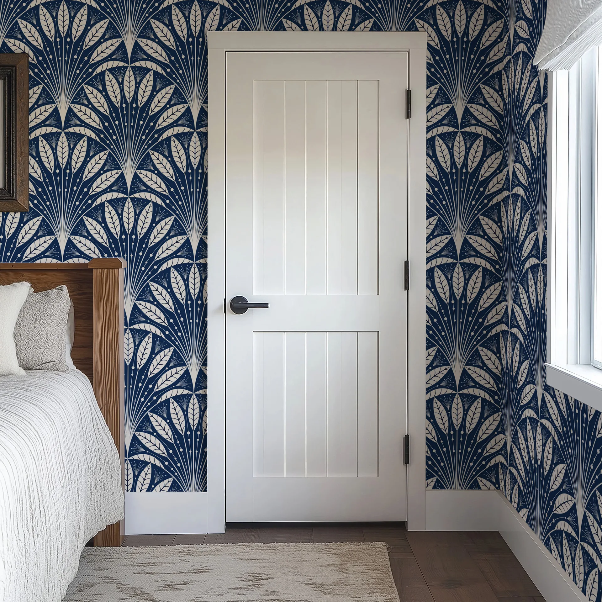 Фото Синие обои в стиле ар-деко с рисунком листьев - съемные самоклеящиеся виниловые обои для гостиной, спальни, домашнего декора №3