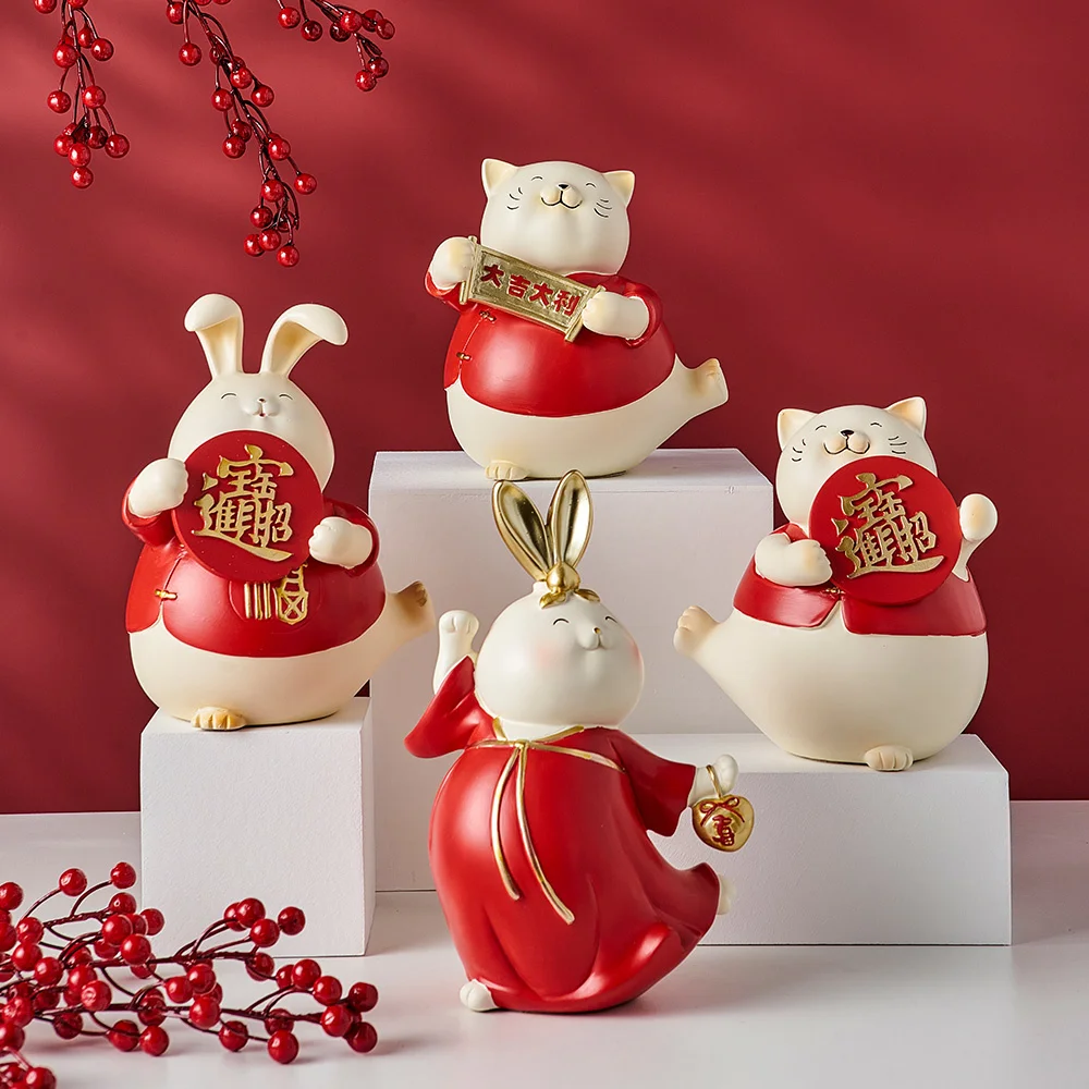 

Statue Lucky Resin Sculpture Table Decoration Maneki Neko Feng Shui Crafts Ornaments Home Decor Fortune Cat Rabbit Figurines