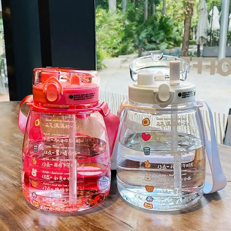

1300ml Cute Girls Water Bottle With Stickers Straw Big Belly Cup Sports Bottle For Water Jug Children Female Kettle With Strap
