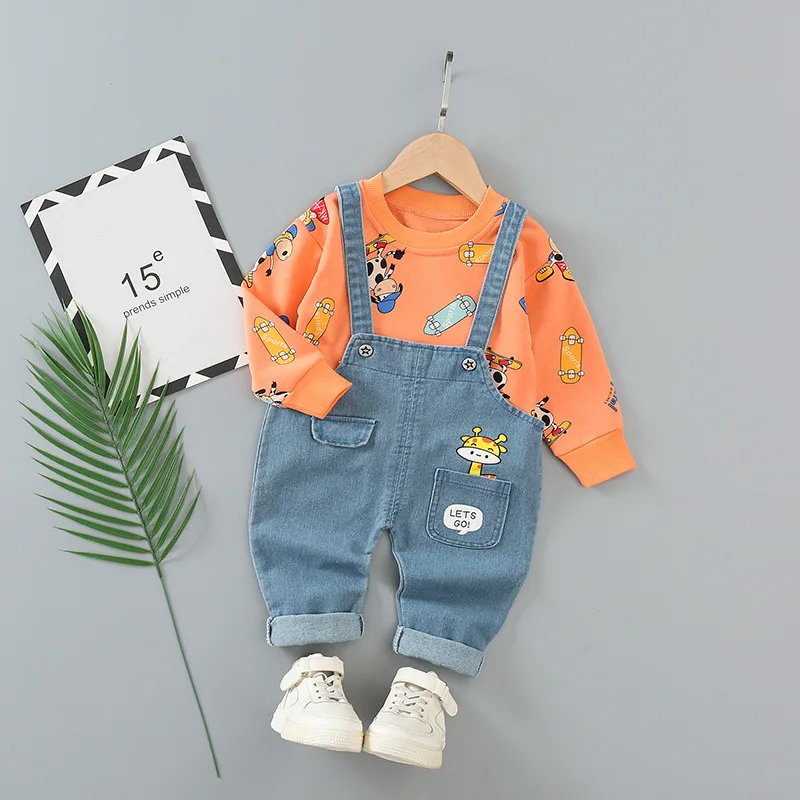 

2022 New Spring Autumn Children Cotton Clothes Baby Girls Suit Cartoon T-shirt Denim Bib Pants 2Pcs/Set Out Kid Fashion Clothing
