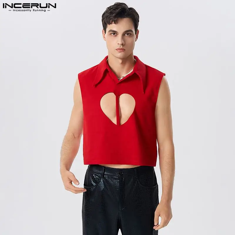 

INCERUN Tops 2023 American Style Men's Stylish Sexy Hollow Love Pattern Waistcoat Male Solid Comfortable Sleeveless Vests S-5XL