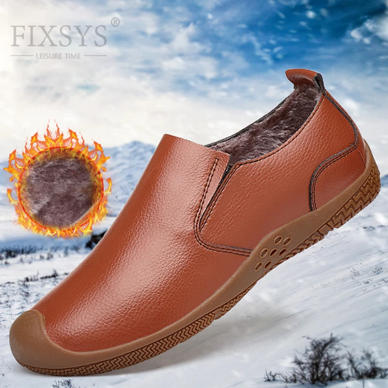 

FIXSYS Leather Man Casual Shoes Winter Fur Loafers Warm Plush Driving Shoes Man Flat Moccasins Handmade Men Casual Office Shoes