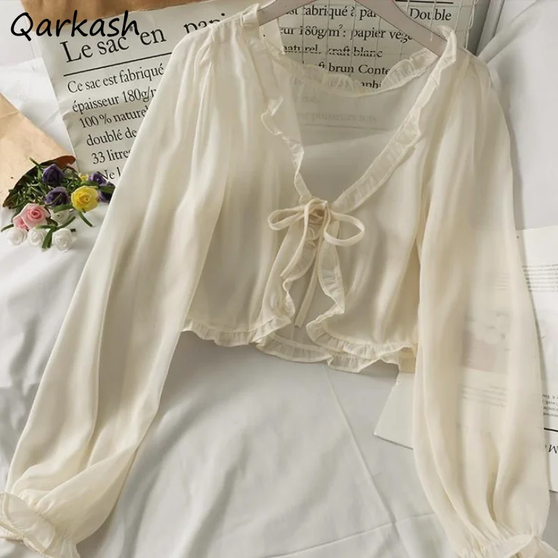 

Блузка женская со шнуровкой, милая элегантная рубашка в французском стиле, Солнцезащитный дышащий свободный кроп-топ с оборками, подходит к...