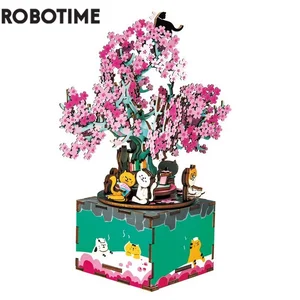 Robotime 148pcs Rotatable DIY 3D Cherry Tree Cat Wooden Puzzle Game Assembly Music Box Toy Gift for 