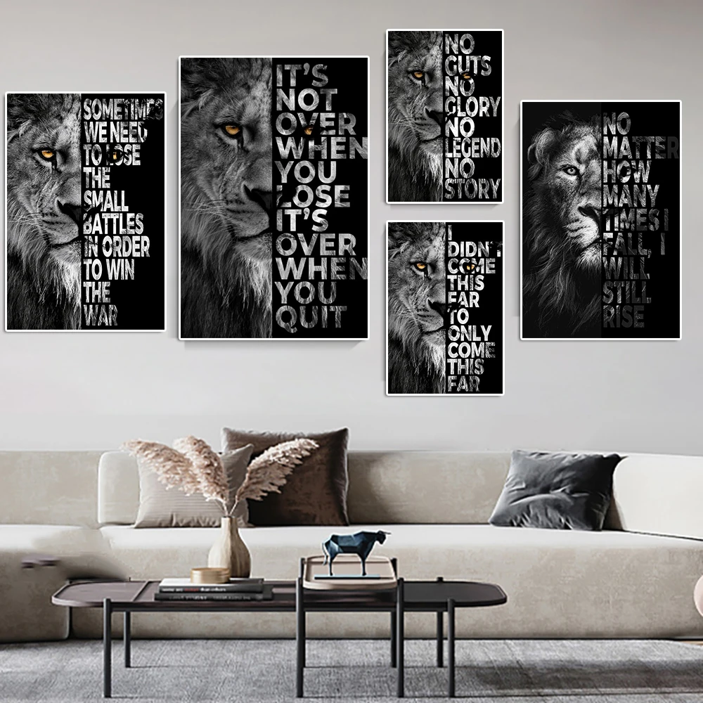 

Office Motivational Quotations Animal Canvas Painting Black And White Lion Poster And Print Wall Art Living Room Home Decoration