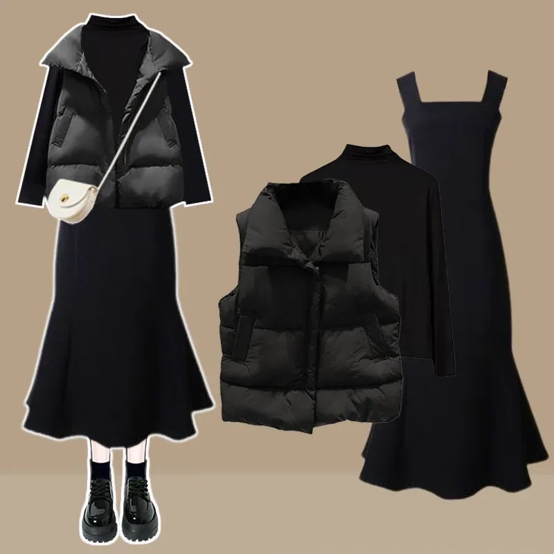 Женский осенне-зимний сексуальный костюм с юбкой-годе черное Хлопковое платье