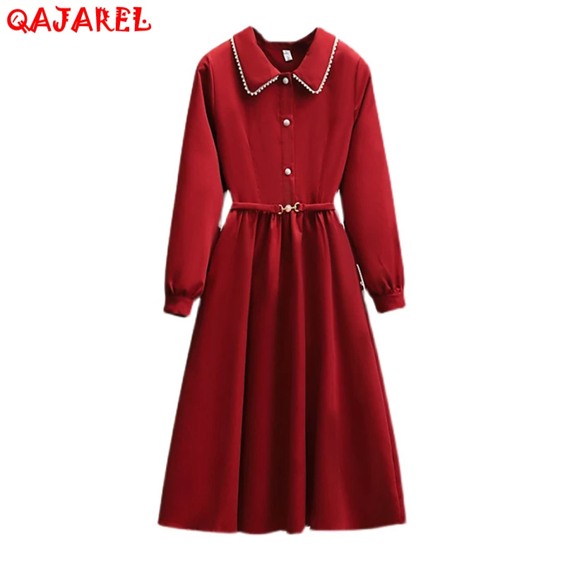 Women Red Fashion Beading Polo Collar Midi Dress Spring Autumn Korean Vintage Casual Dress 2023 Elegant Bodycon Evening Dress