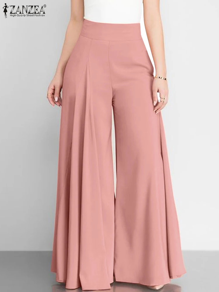 

Women Elegant High Waist Wide Leg Pants ZANZEA 2023 Spring Vintage Flare Trousers Casual Solid Zipper Pantalon Female Palazzo