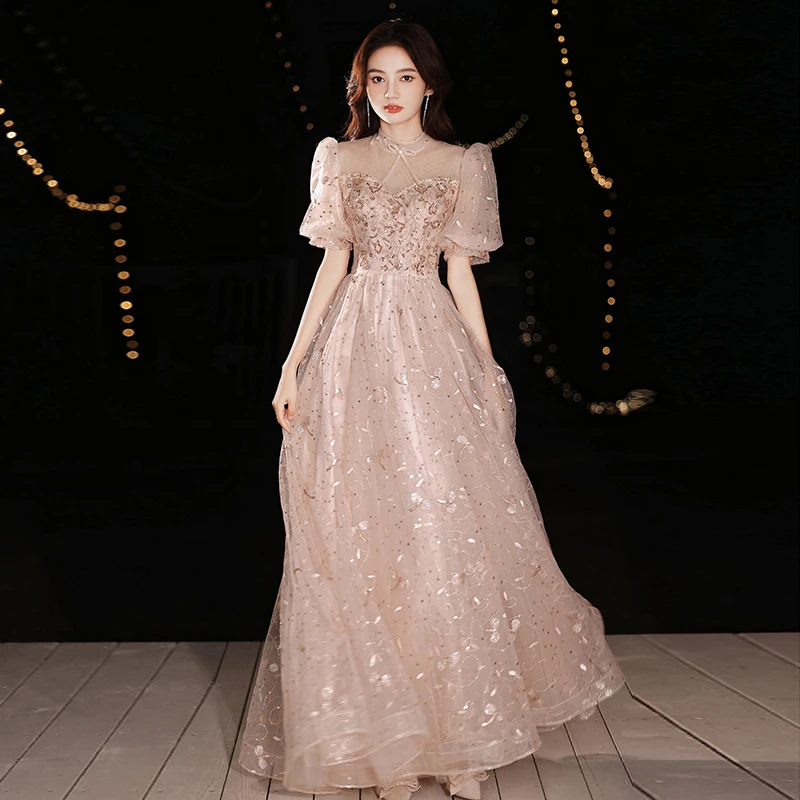

Fancy Women Evening Dresses Long A-Line Floor-Length Sequin Lace Tulle Prom Gowns For Graduation Party 2022