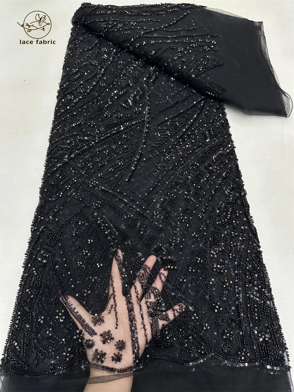 Черная африканская кружевная ткань ручной работы из бисера 2024 высокое качество 5