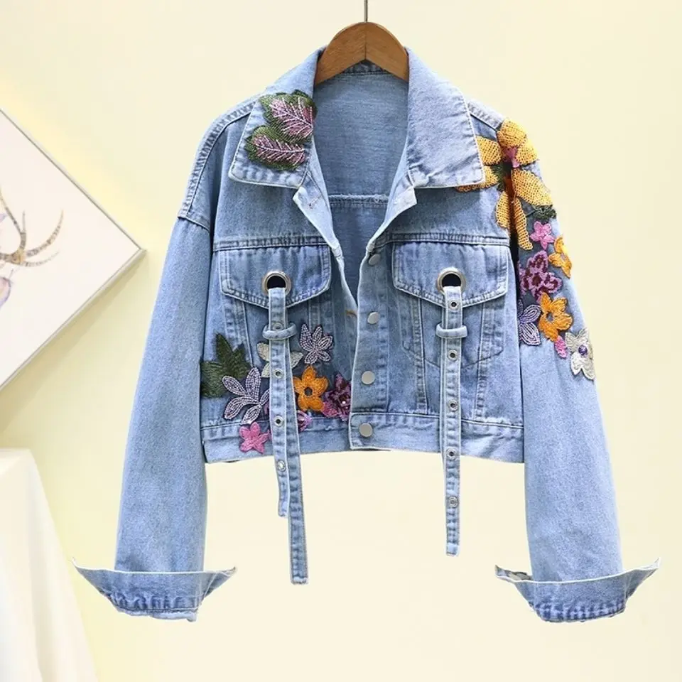 

Модная женская короткая джинсовая куртка с цветочной вышивкой, пальто, женская уличная одежда, трендовая Повседневная Свободная джинсовая куртка в стиле хип-хоп, верхняя одежда