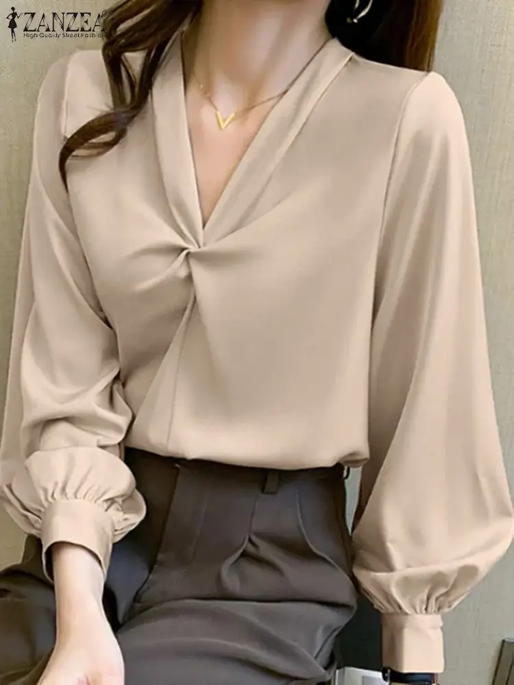 

Элегантная Женская Офисная атласная блузка ZANZEA с V-образным вырезом и длинным рукавом, однотонная Рабочая Рубашка, модные женские офисные ш...