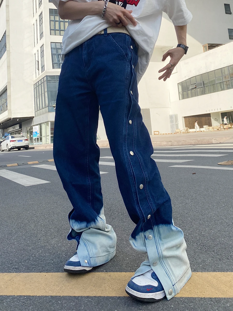 Four Seasons Men's Jeans Gradient Trend Loose Straight Casual Pants Split Trousers Fashion Street Men Ins Hot Sale Men Clothing