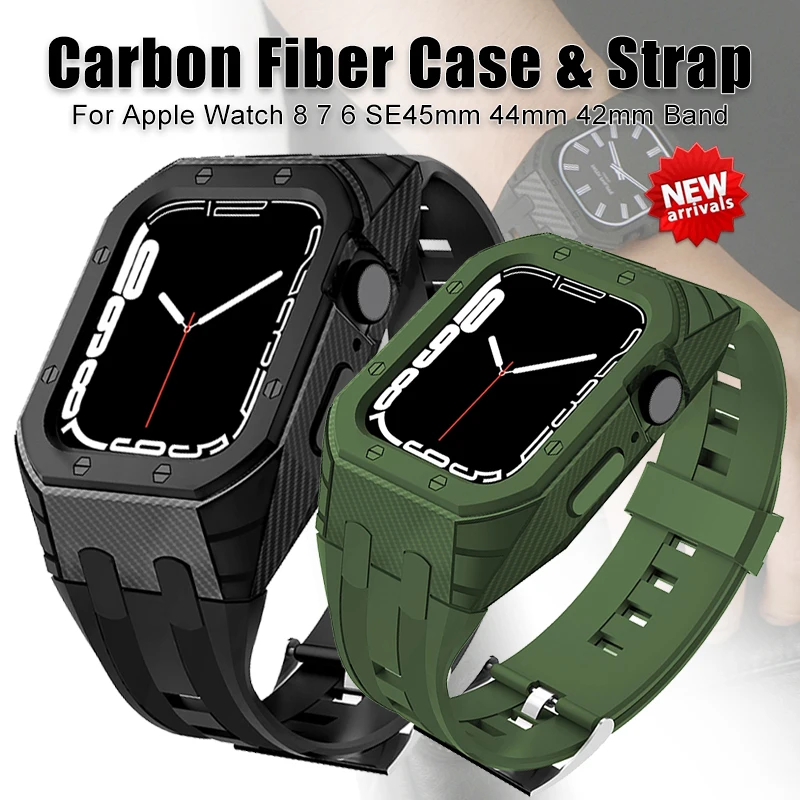 

Силиконовый ремешок мод для Apple Watch Band 8 7 45 мм, чехол из углеродного волокна для iWatch Series 6 SE 5 4 3 2 1 44 мм 42 мм, резиновый ремешок