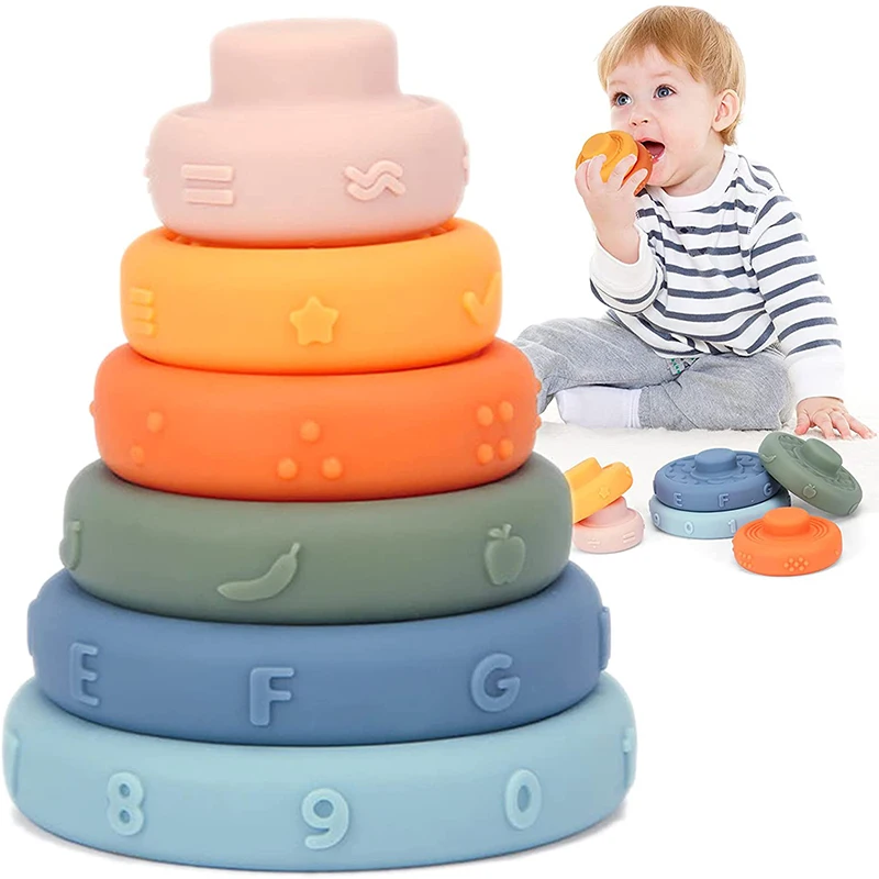 

Montessori Baby Stacking Teething Toy For Newborns 0 12 Months Toddlers Soft Building Stacker Squeeze Toy Silicone Teether Games