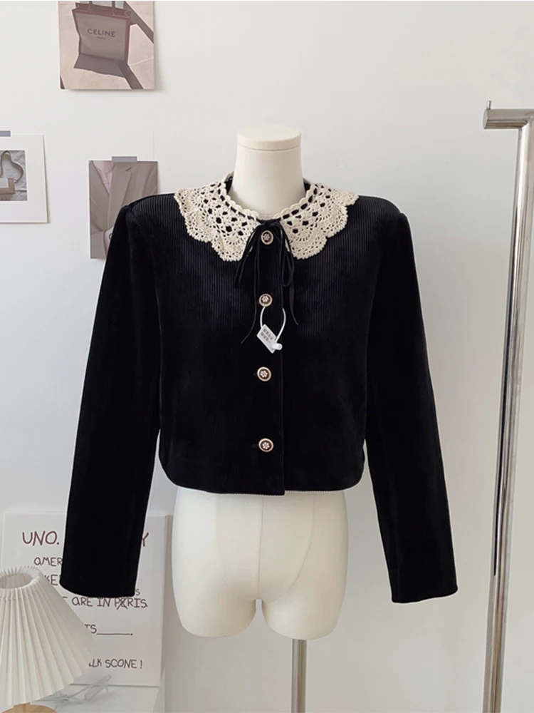 

Женская короткая трикотажная куртка, элегантное лоскутное однобортное пальто во французском винтажном стиле с кружевами и завязками, зима ...