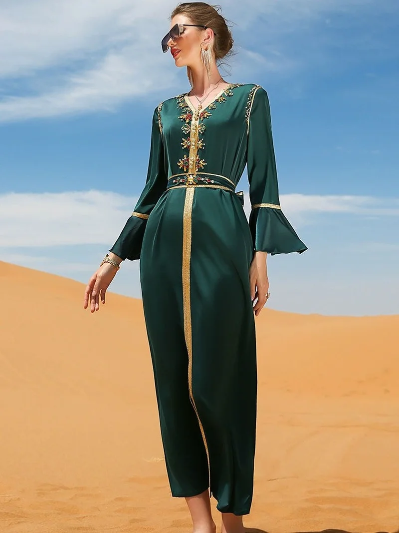 Rhinestone Kaftan Women Moroccan Party Caftan Flounce Sleeve Belted Satin Long Dress Muslim Dubai  Abaya Wedding Evening Ramadan