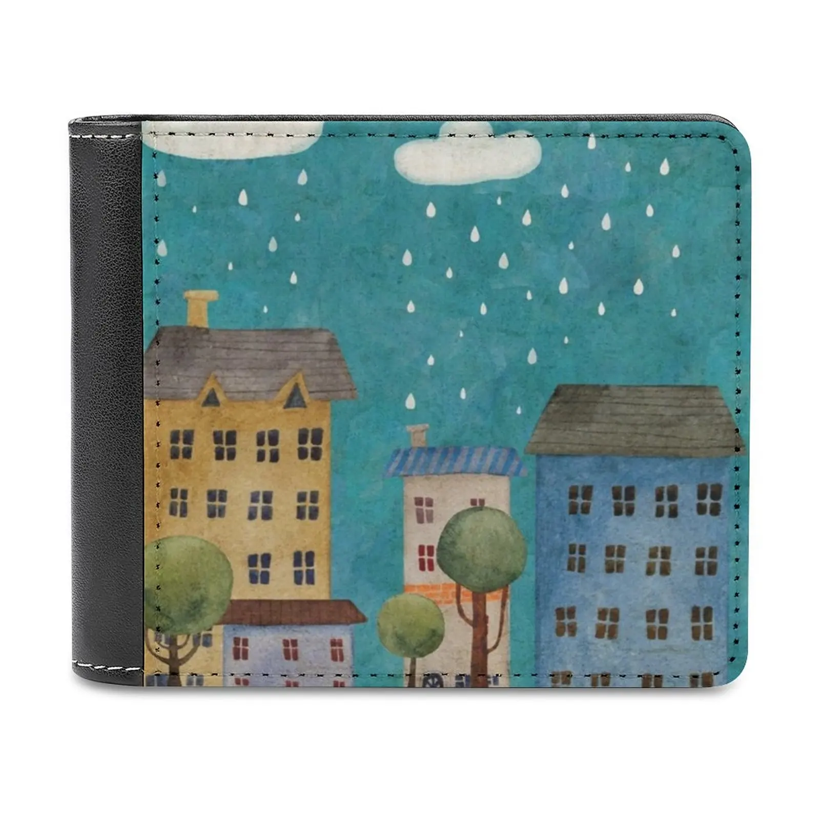 

Rain In The City Watercolor Illustration Leather Wallet Men's Wallet Diy Personalized Purse Father'S Day Gift Rain Cloud Summer