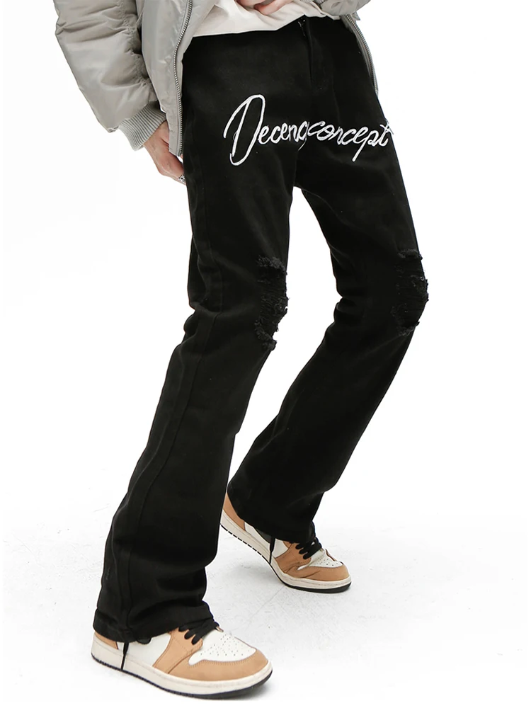 Denim Pants Pure Black Embroidery Loose Punk Men's Fashion Pants Super Street Clothing Y2k Flared Pants Black Trend Hip -hop Man