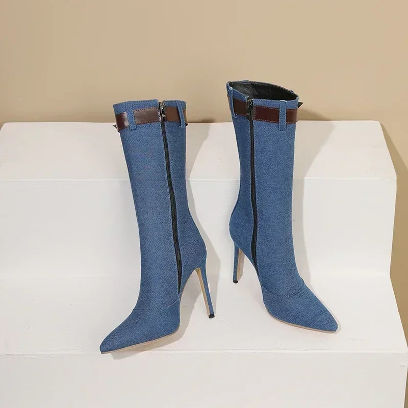 Зимние женские сапоги до середины икры черные синие джинсовые туфли на высоком
