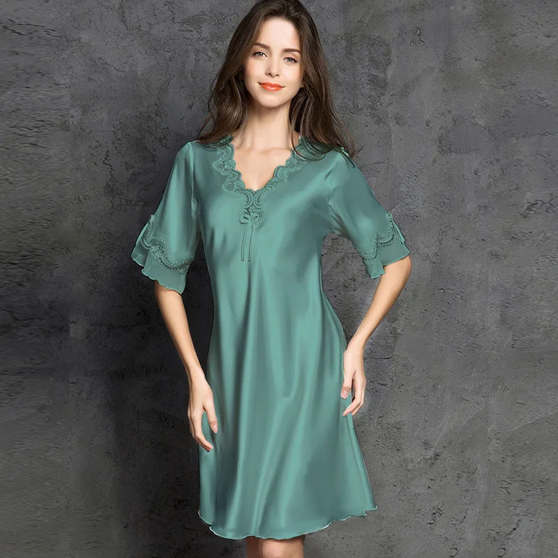 Women Satin Silk Sleep Dress Solid Color Short Sleeve V-Neck Swing Mini Dress Pajamas