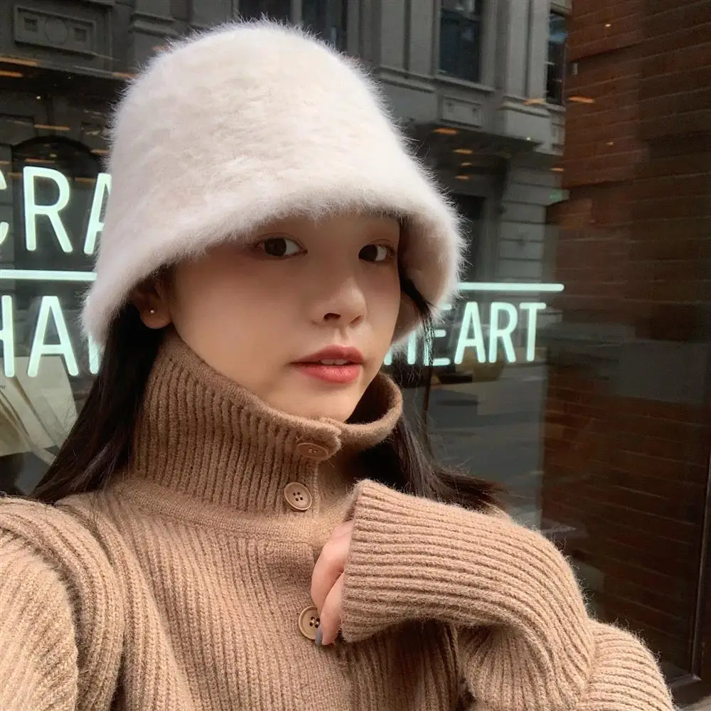 

Hot Sale 2023 Artificial Rabbit Fur Bucket Hat Women Autumn Winter Warm Thickened Fisherman Panama Plush Basin Gorro Lady Cap