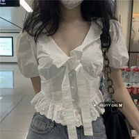 qweek womens blouses lace harajuku puff sleeve white shirt female sweet cutetop short tunic chic summer girls korean fashion