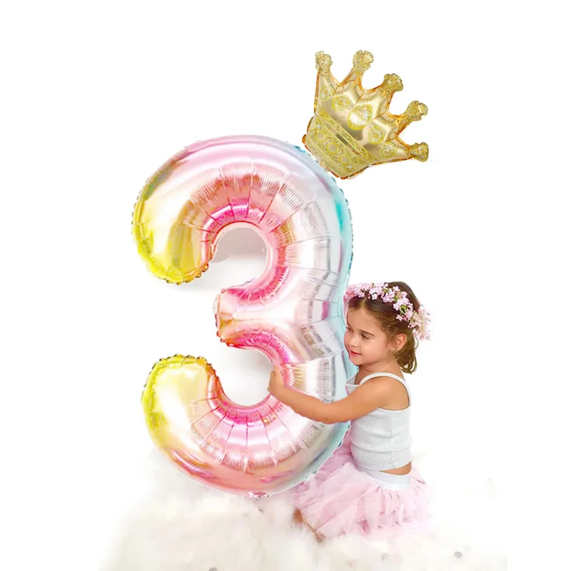 

40 Inch Color Gradient Number 0-9 Crown Aluminum Film Balloon Children's Day Girl Birthday Wedding Anniversary Party Decoration