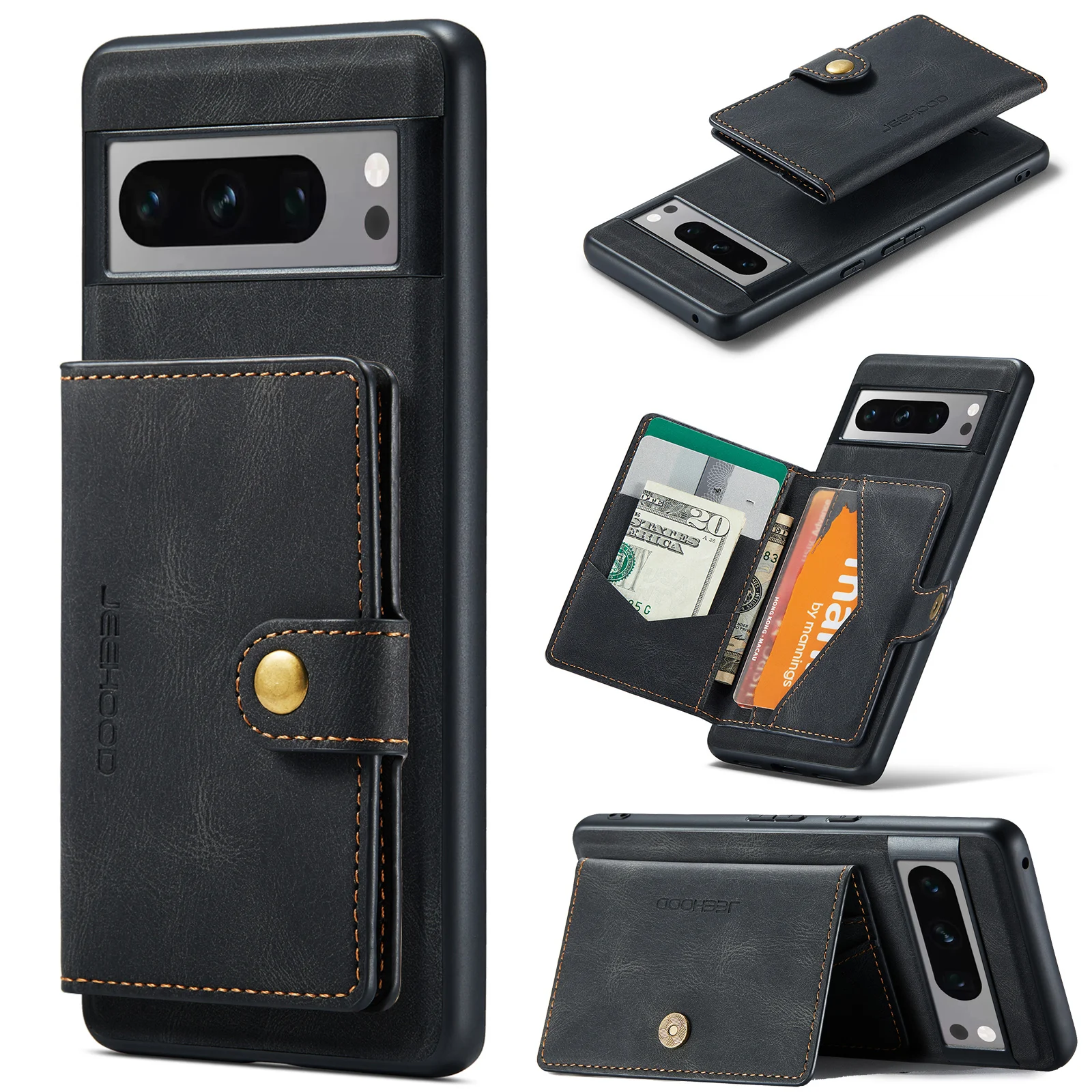 

PU Leather 2in1 Detachable Credit Card Holder Wallet Case For Google Pixel 8 Pro 7A 7 6 6A 5A 5G ID Pocket Stand Phone Cover