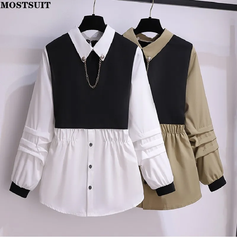 

Fake Two Pieces Women Shirts Blouses 2022 Autumn Full Sleeve Casual Fashion Loose Female Shirts Blusas Tops