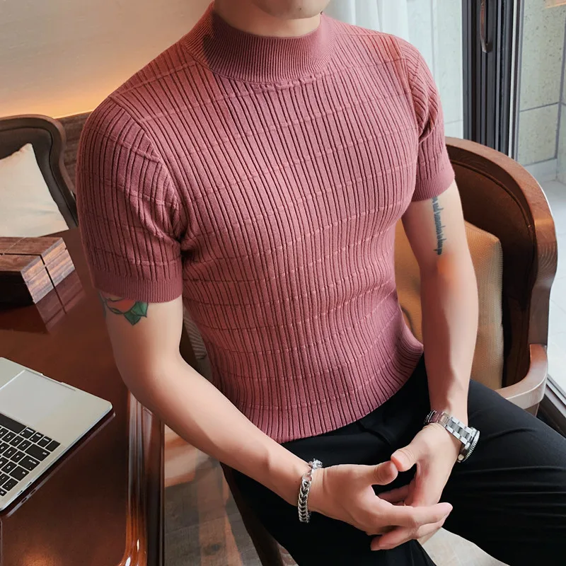 2022 Spring and Autumn New Men's Short Sleeve Sweater Slim Knit T-Shirt Half Turtleneck Casual Solid Color Pullover