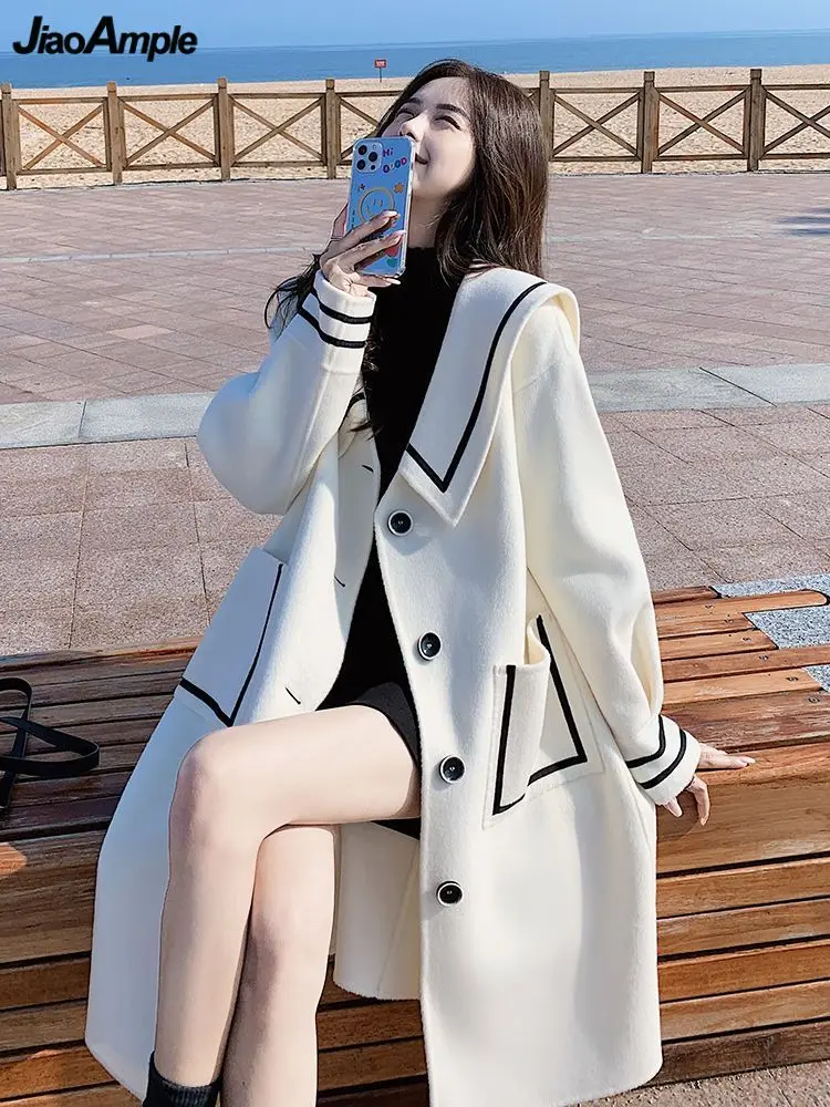 

Autumn Winter Preppy Style White Wool Blends Women Korean Sailor Collar Long Trench Coats 2022 New Lady Single Button Outerwear