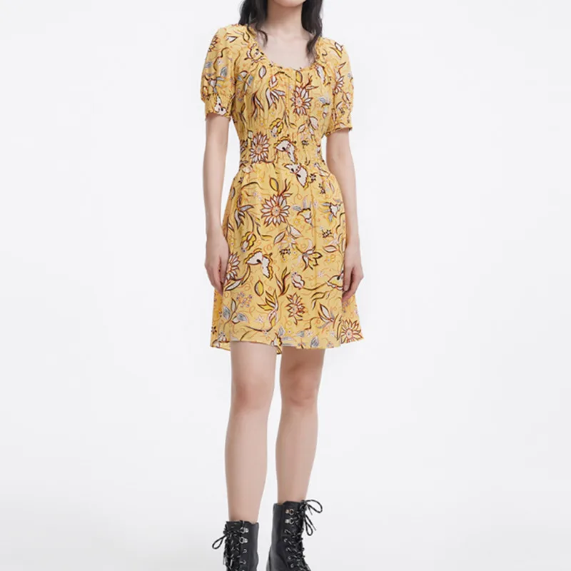 

Women Floral Print Yellow Dress High Waist U Neck Short Sleeve Ladies Mini Robes