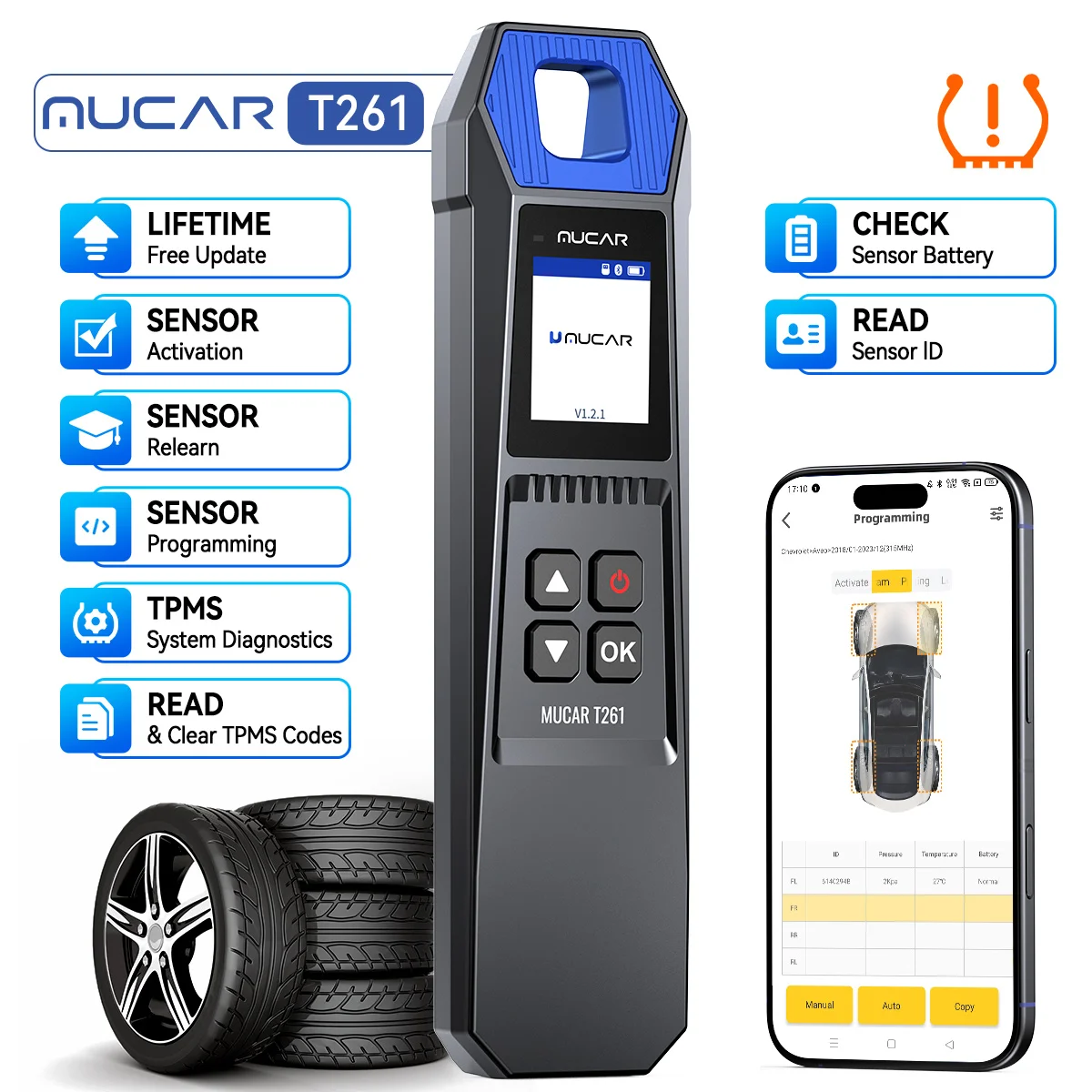

Диагностический инструмент для измерения давления в шинах MUCAR T261, программатор датчиков TPMS, активатор для сканеров MUCAR 892BT и 689BT