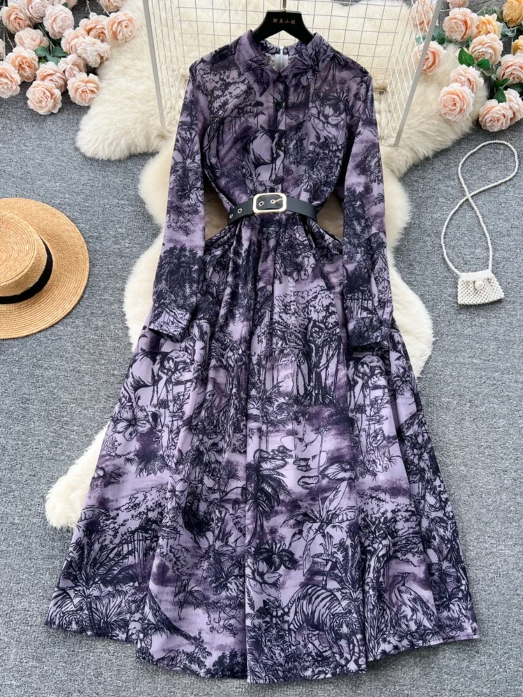 Французское винтажное платье с принтом женское осеннее элегантное вечернее