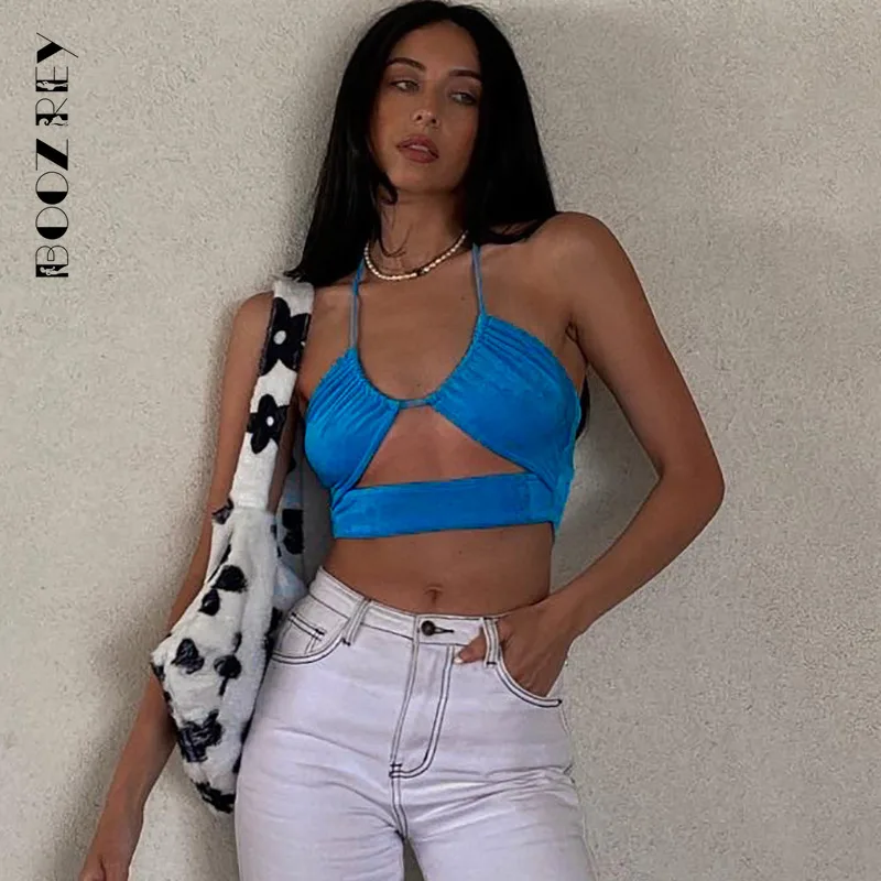 

BoozRey Sexy Halter 2022 Summer Bandage Hollow Camis Tops Women's Clothing Party Club Backless Short Top Hollow Girls Streetwear