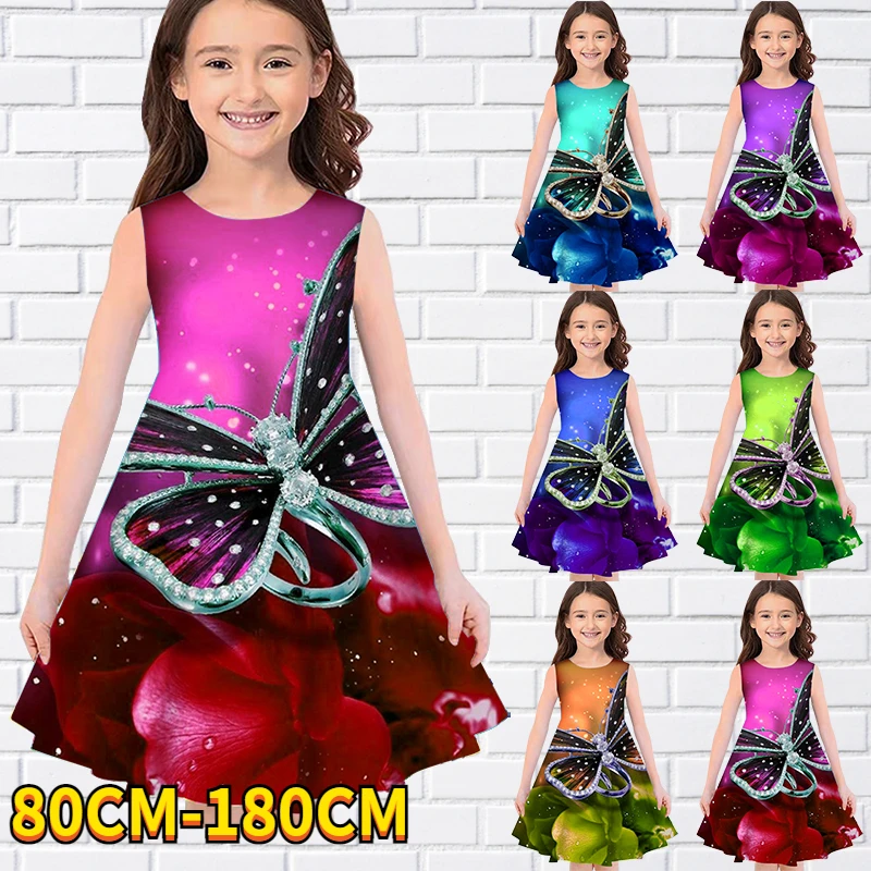 

Платье без рукавов для маленьких девочек, повседневное милое платье выше колена без рукавов, с 3D принтом бабочек, 80-180 см