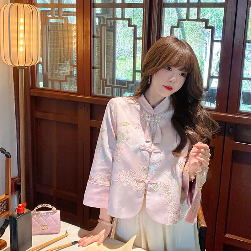 

2023 new chinese style fashion women plate button shirt women improved tangsuits versatile oriental style coat cheongsam blouse