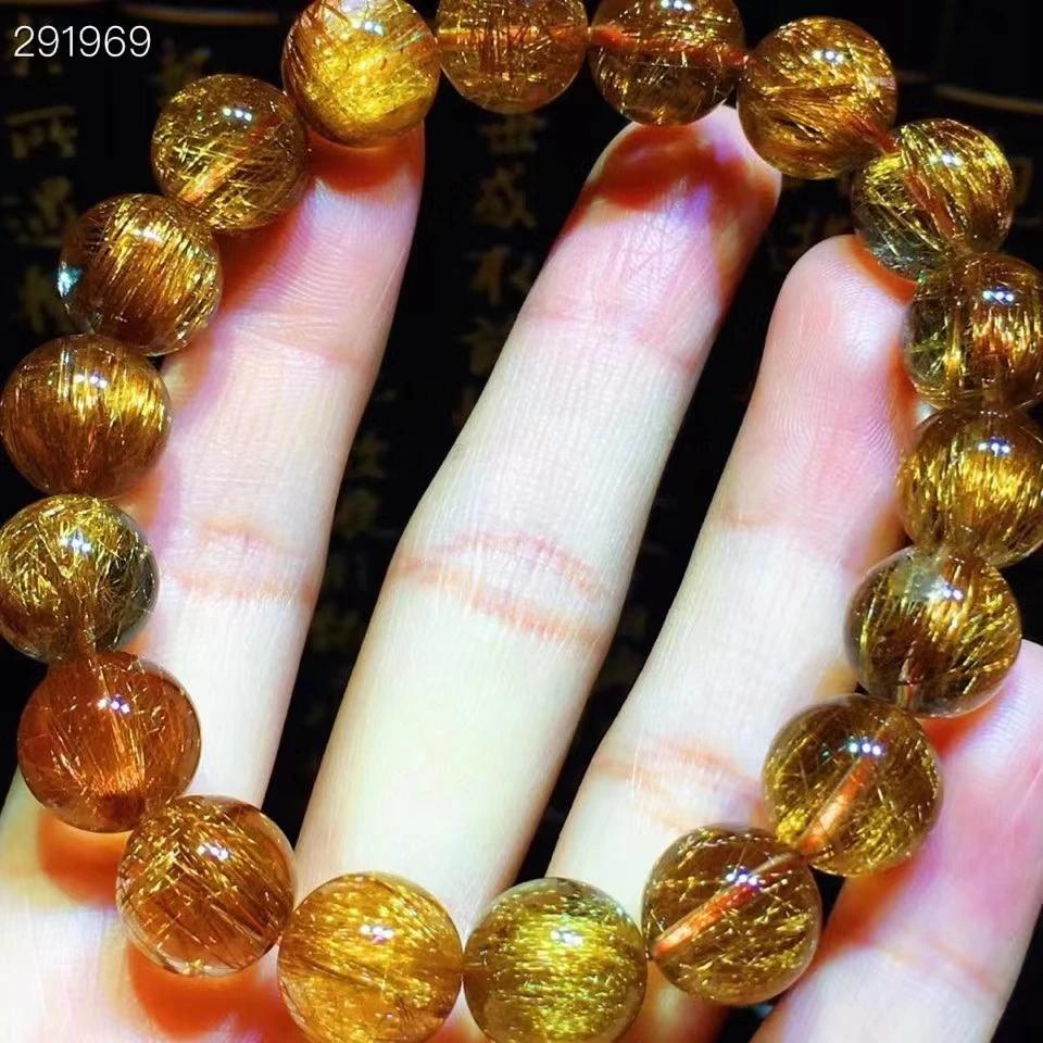 

Genuine Natural Copper Rutilated Quartz Cat Eye Bracelet 11.5mm Women Man Rutilated Crystal Round Beads AAAAAAA