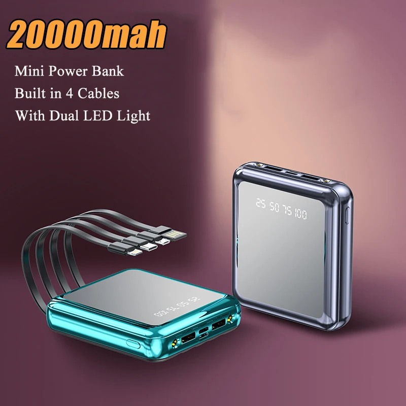 

20000mAh Mini Power Bank Built in Cable Portable Charger Powerbank for iPhone 13 12 Pro Samsung S22 S21 Huawei Xiaomi Poverbank