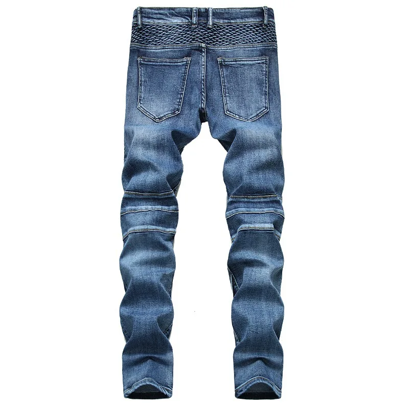 Mens Jeans Knee Pleated Pants Nostalgic Motorcycle Jeans Slim Hipster Pantalones Vaqueros Hombre Moto & Biker Full Length Pants