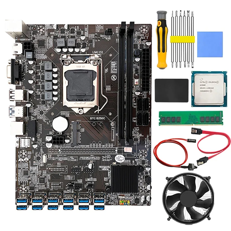 

B250C BTC Mining Motherboard With G3900 CPU+8G DDR4 RAM+120G SSD+Fan+Screwdriver 12 USB3.0 Slots LGA 1151 SATA3.0+MSATA