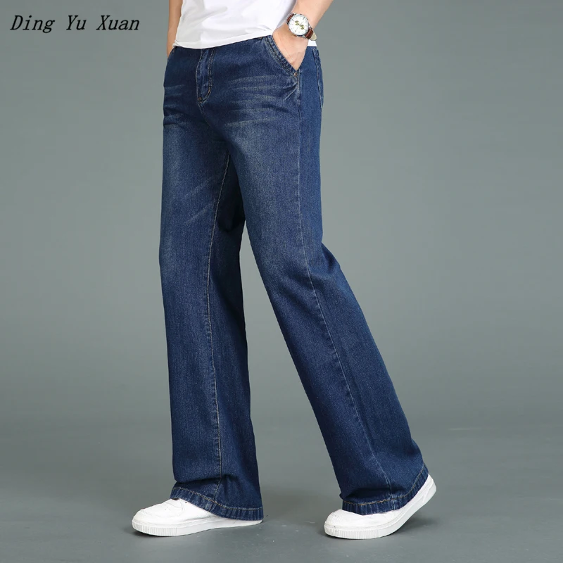 Men's Business High Waist Denim Flare Suit Pants Trendy Fashion Loose Straight Thin Flared Jeans Middle-Aged Trousers