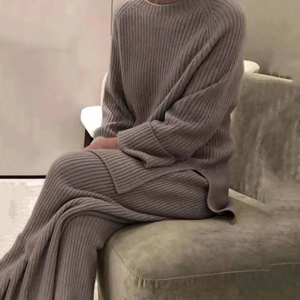 

Домашняя одежда, Женский мягкий комплект из 2 предметов, Осень-зима, новинка, модный однотонный пуловер с круглым вырезом, топы, вязаные штаны, элегантный пижамный комплект для женщин