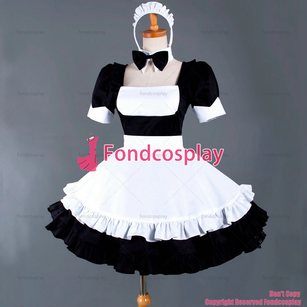 

fondcosplay adult sexy cross dressing sissy maid short black cotton Dress Lockable Uniform white apron Costume CD/TV[G861]
