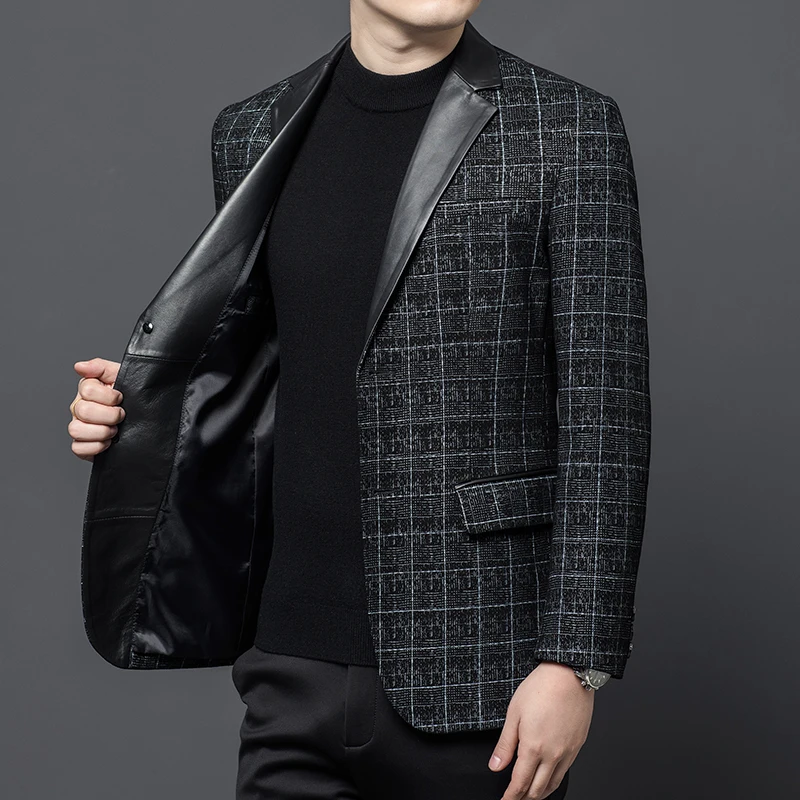 Джентльменские кожаные пиджаки в клетку для мужчин костюмы из овчины облегающие
